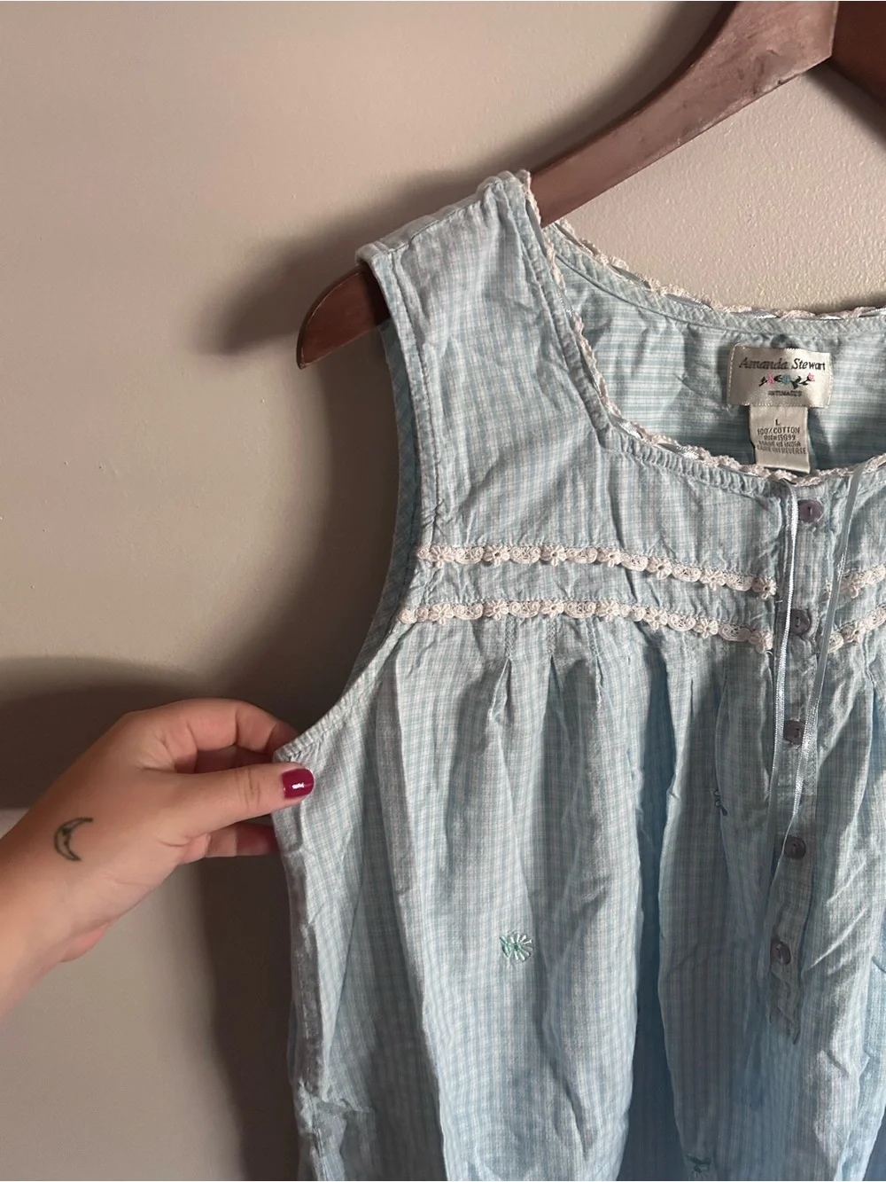 Vintage Amanda Stewart blue gingham floral embroidered ruffle hem nightgown